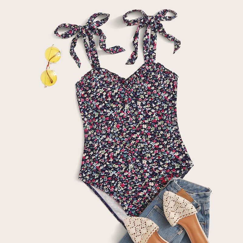 

Knot Shoulder Frill Trim Ditsy Floral Bodysuit, Multicolor
