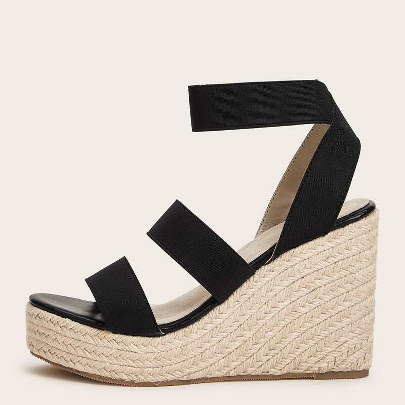 

Open Toe Elastic Strap Espadrille Wedges, Black