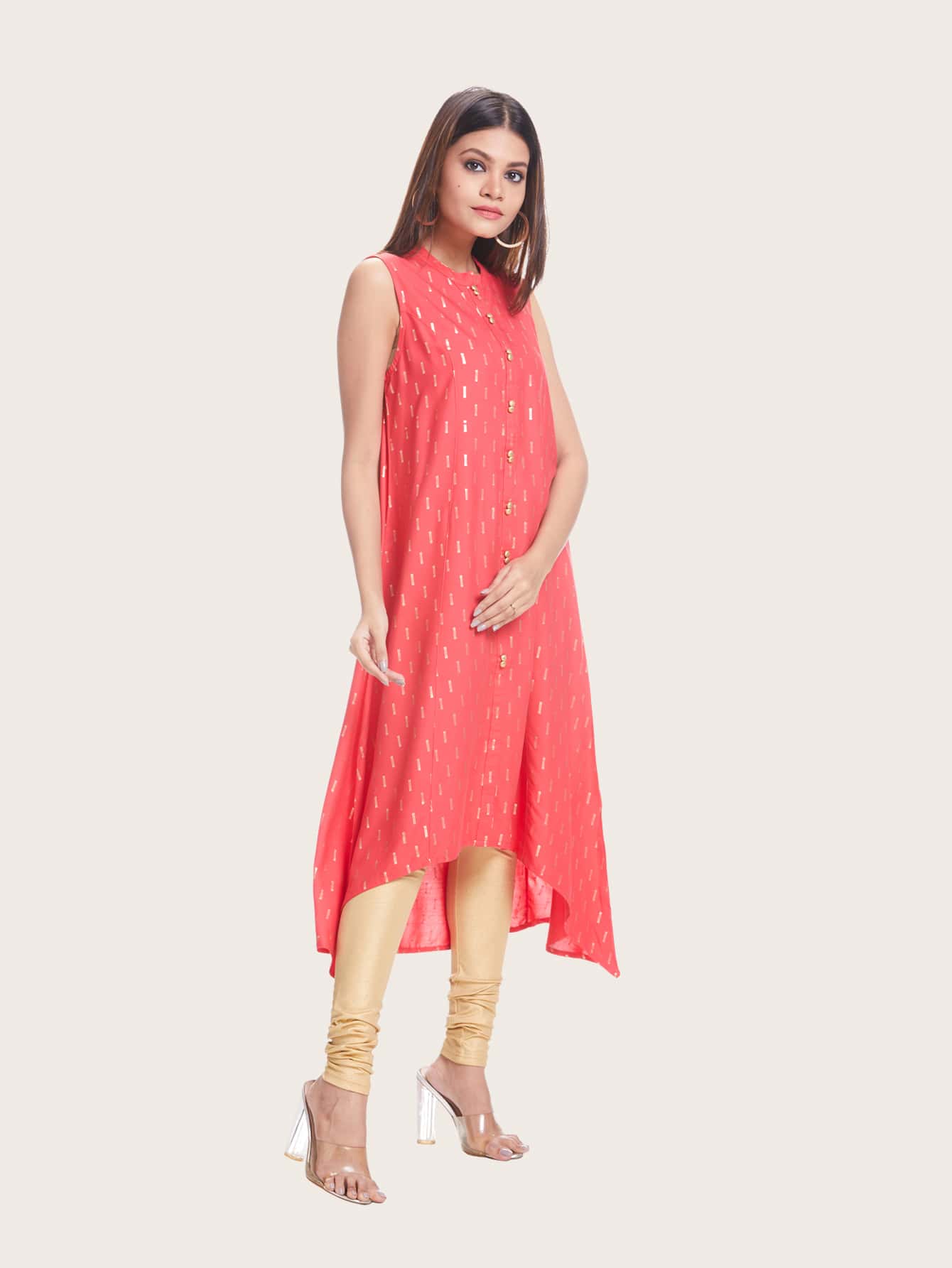 Foil Print Sleeveless A-line Kurta - Red - View 4