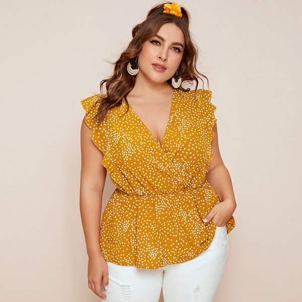 

Plus Surplice Front Polka Dot Peplum Blouse, Yellow