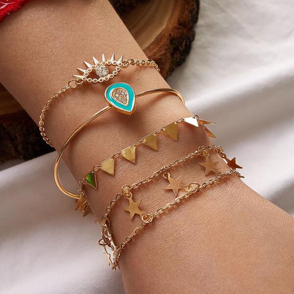 

4pcs Star & Triangle Charm Bracelet Set, Gold