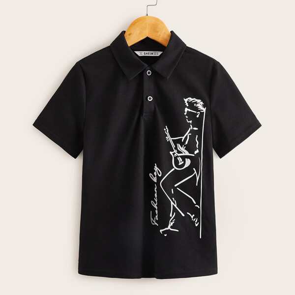 

Boys Slogan & Figure Graphic Polo Shirt, Black