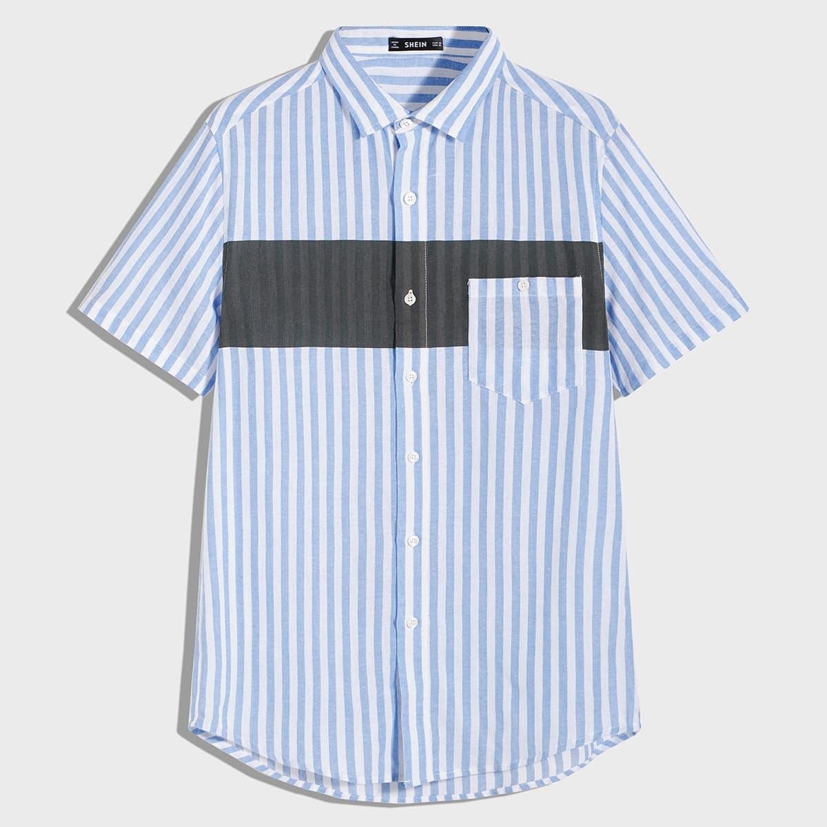 

Guys Curved Hem Pocket Patch Striped Shirt, Blue