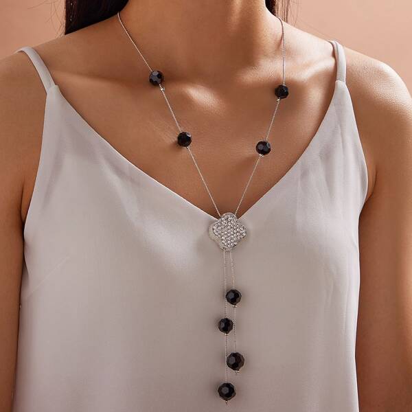 

1pc Clover & Bead Decor Necklace, Black