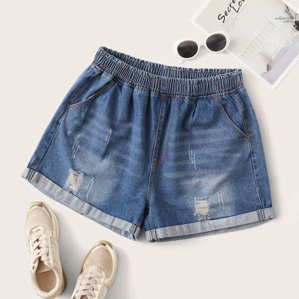 

Plus Ripped Washed Rolled Hem Denim Shorts, Blue