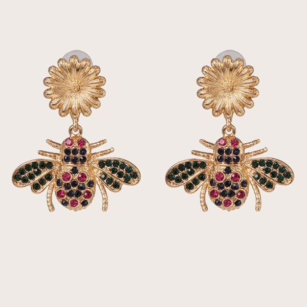 

1pair Rhinestone Engraved Bee Drop Earrings, Multicolor