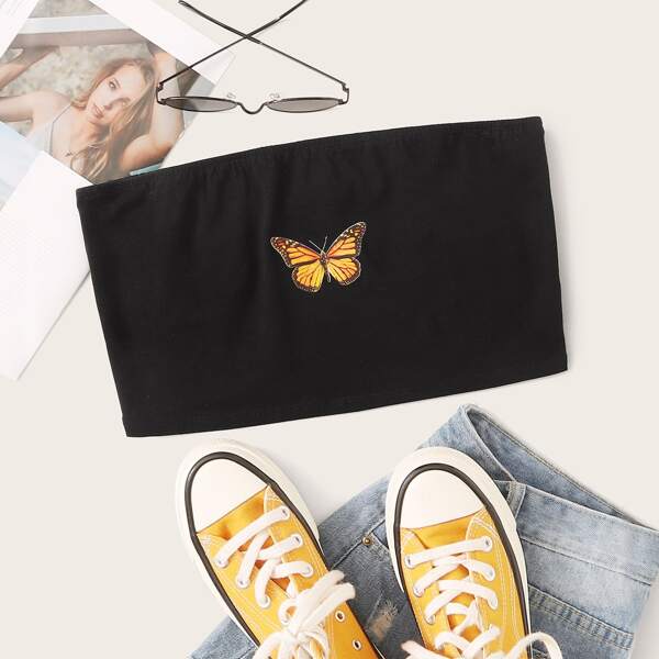 

Butterfly Print Crop Tube Top, Black