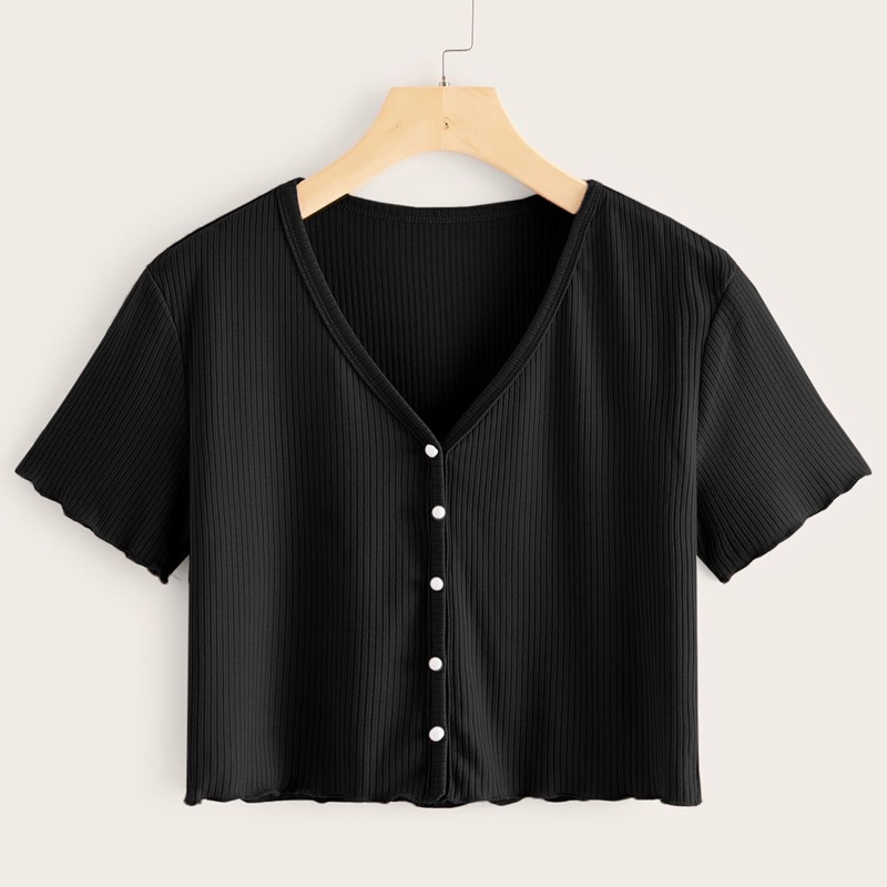 

Ribbed Button-Front Crop Top, Black