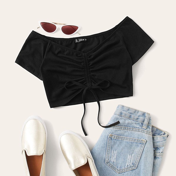 

Drawstring Ruched Front Crop Top, Black