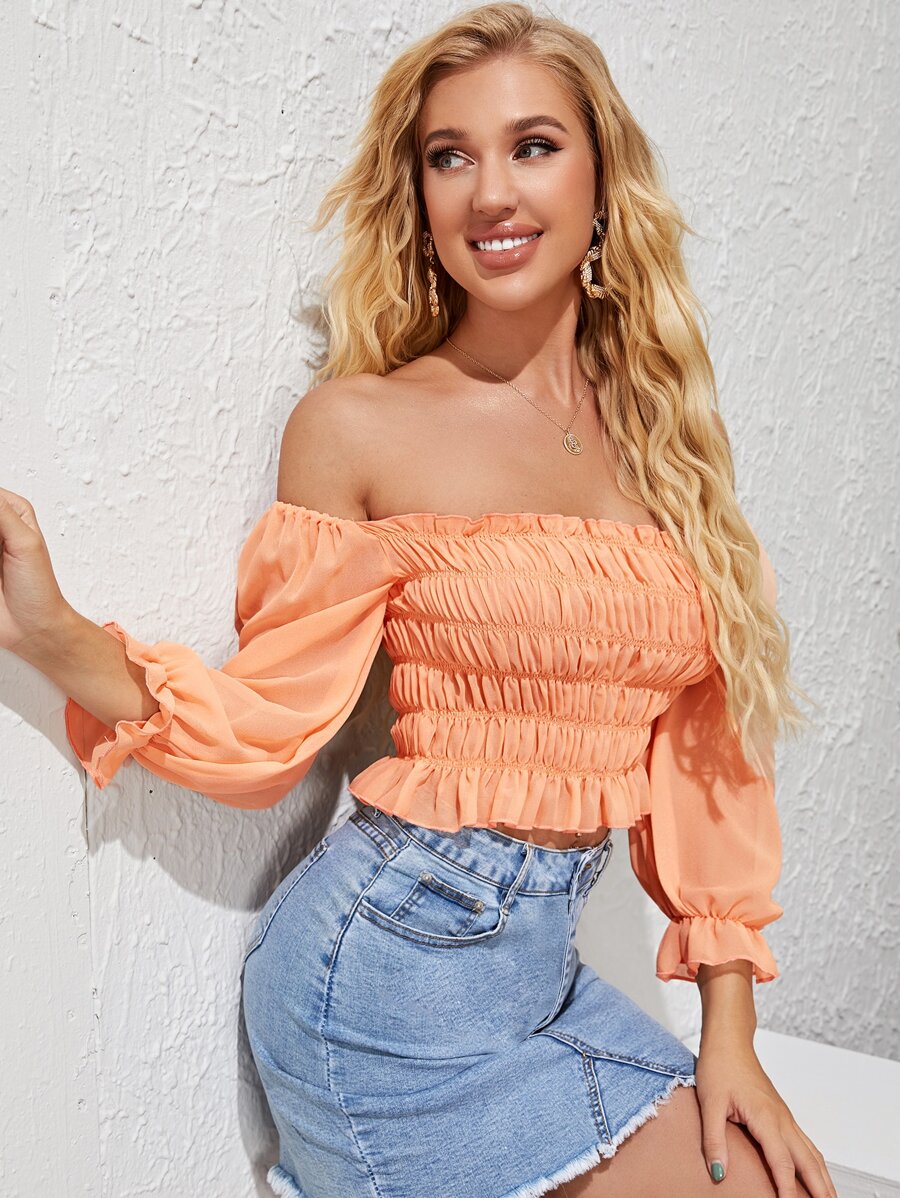 Bardot Frill Trim Shirred Top - Orange - View 1
