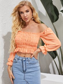 Bardot Frill Trim Shirred Top - Orange - View 3