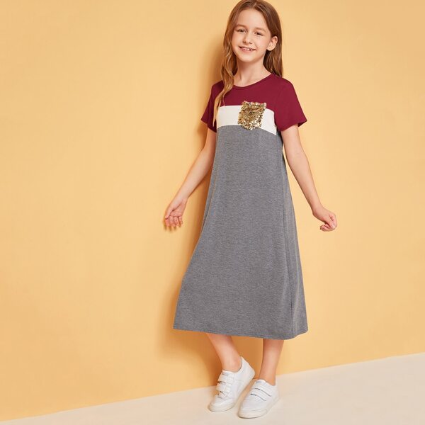 

Girls Sequin Pocket Colorblock Dress, Grey