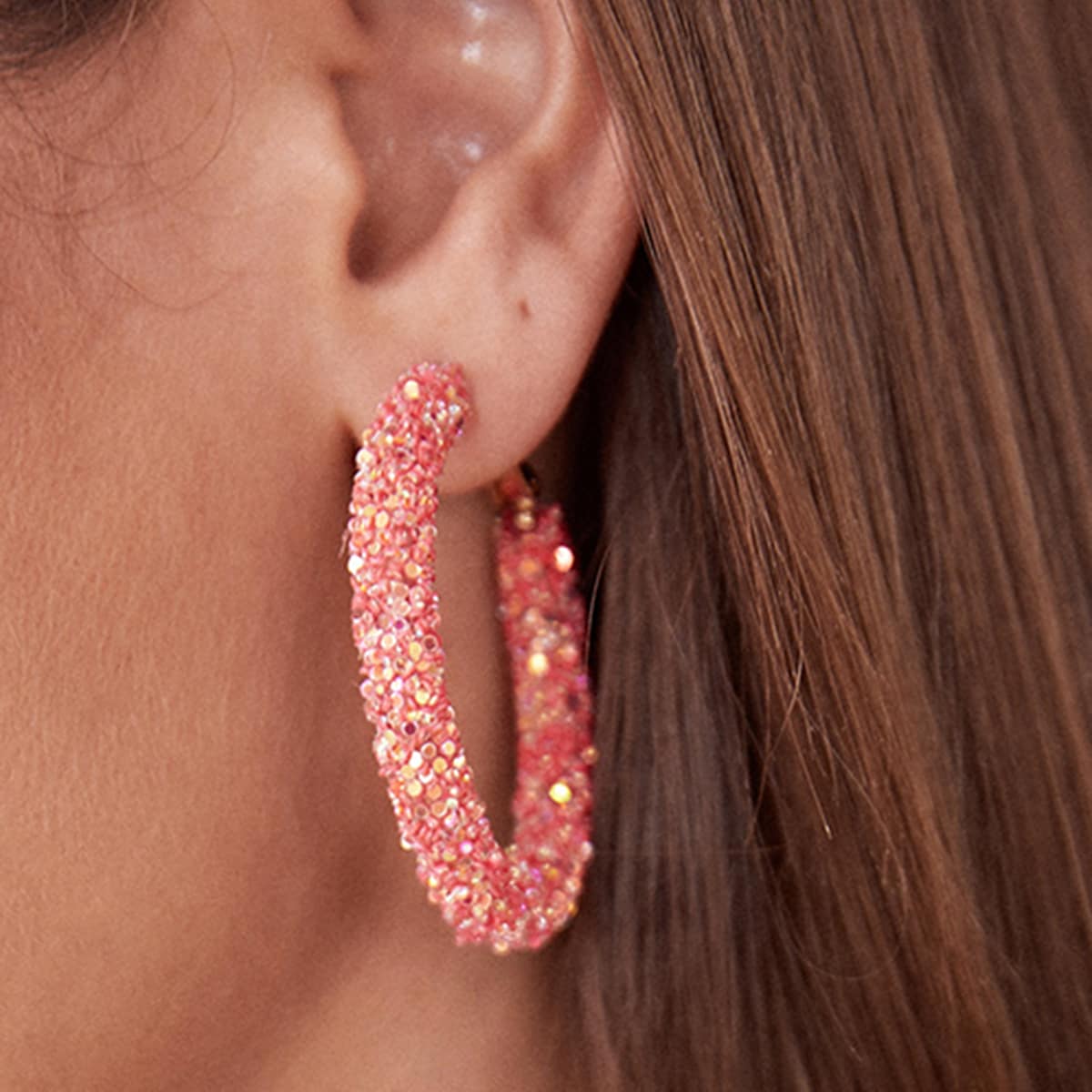 

1pair Glitter Round Hoop Earrings, Pink