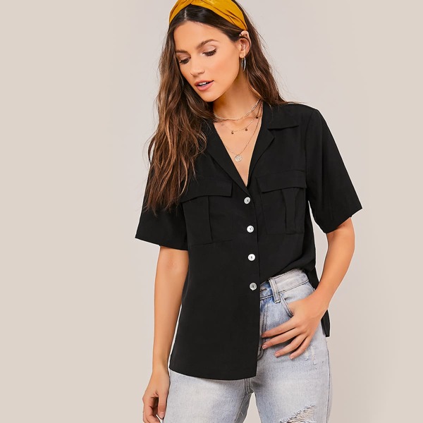 

Notch Collar Flap Pocket Split Hem Blouse, Black