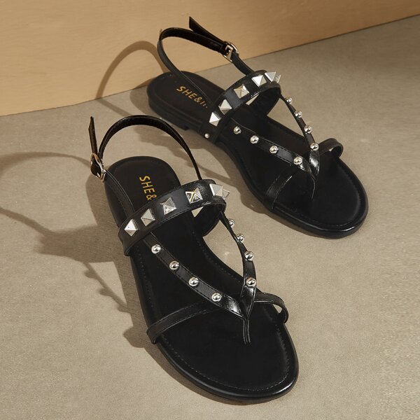 

Toe Post Studded Decor Slingback Sandals, Black