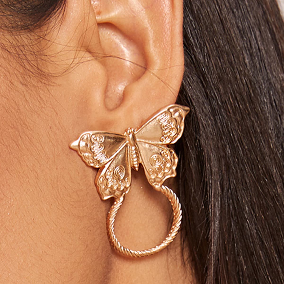 

1pair Textured Butterfly Shaped Earrings, Gold