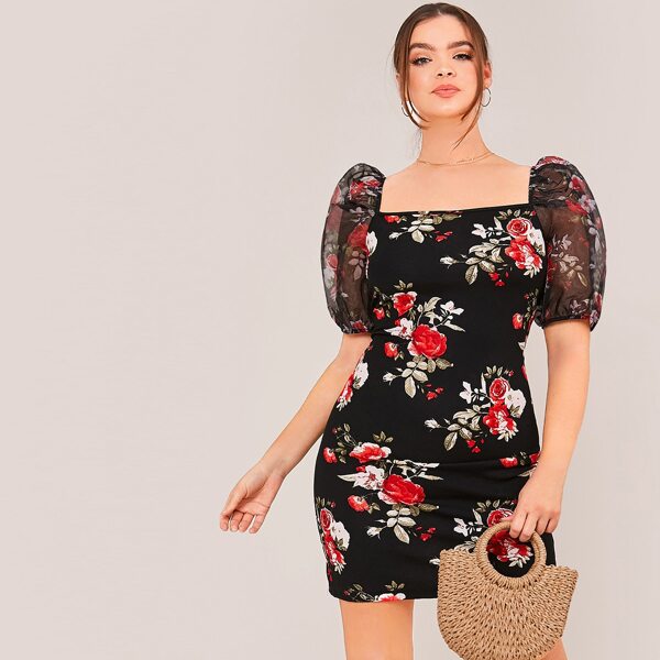 

Plus Organza Puff Sleeve Floral Print Dress, Multicolor