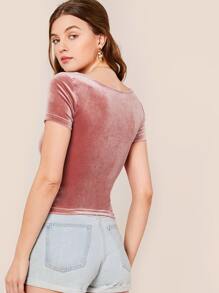 SHEIN Privé Scoop Neck Fitted Velvet Top - Pink - View 2