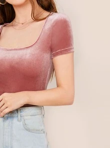 SHEIN Privé Scoop Neck Fitted Velvet Top - Pink - View 4