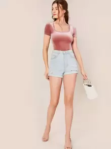 SHEIN Privé Scoop Neck Fitted Velvet Top - Pink - View 5