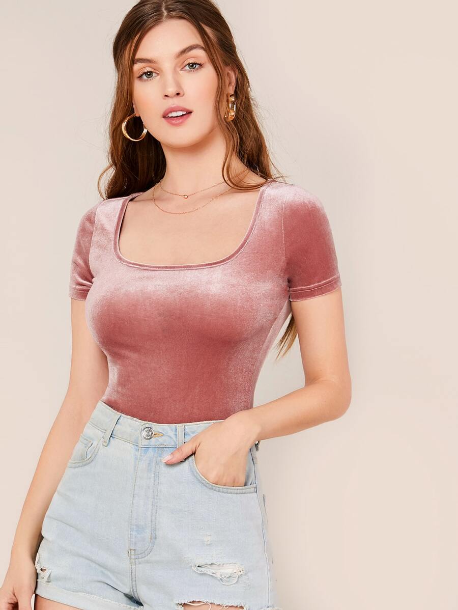 SHEIN Privé Scoop Neck Fitted Velvet Top - Pink - View 1