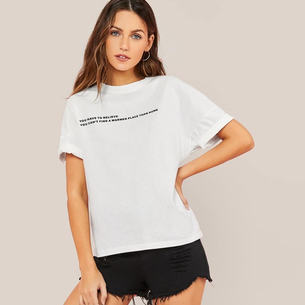 

Drop Shoulder Slogan Graphic Top, White