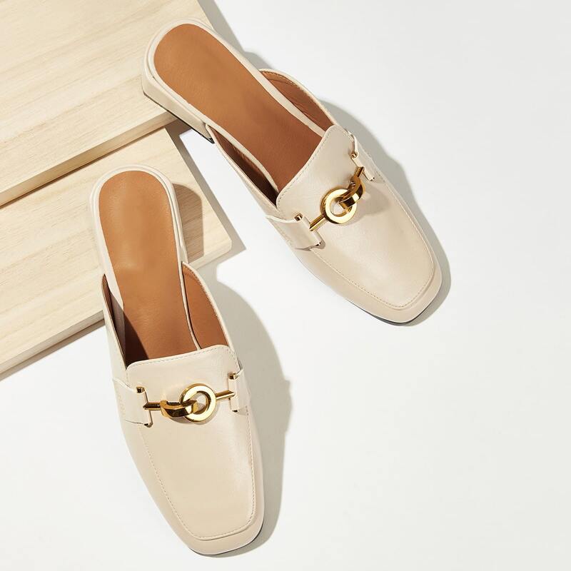 

Metal Decor Square Toe Flat Mules, Beige