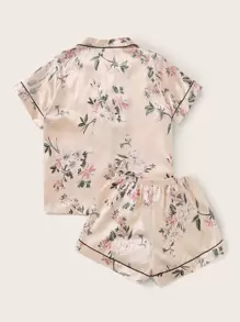 花卉圖案滾邊緞面睡衣套裝