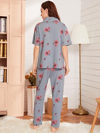 Conjunto de pijama con doble bolsillo con estampado floral