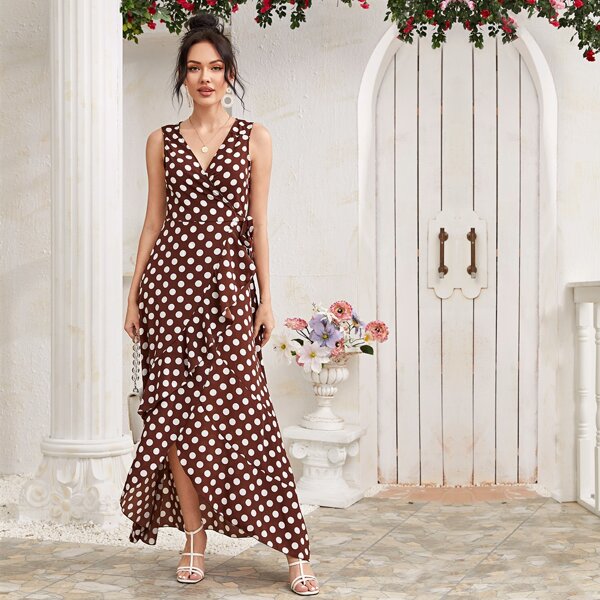 

Polka Dot Knot Ruffle Wrap A-line Dress, Brown