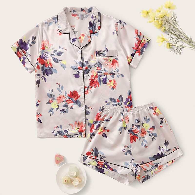 

Floral Print Pocket Front Satin PJ Set, Multicolor