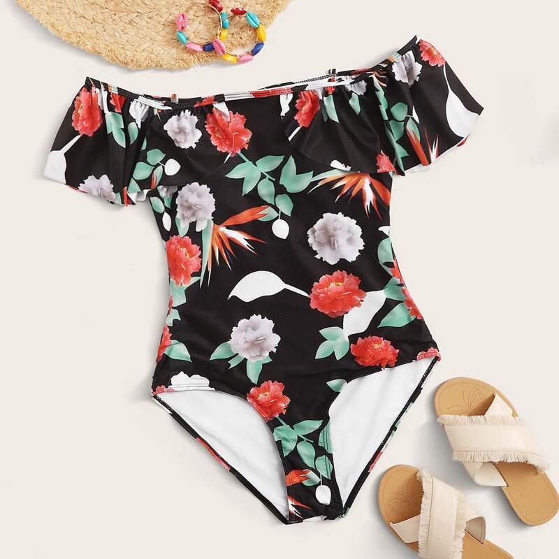 

Floral Print Ruffle Trim One Piece Swimsuit, Multicolor