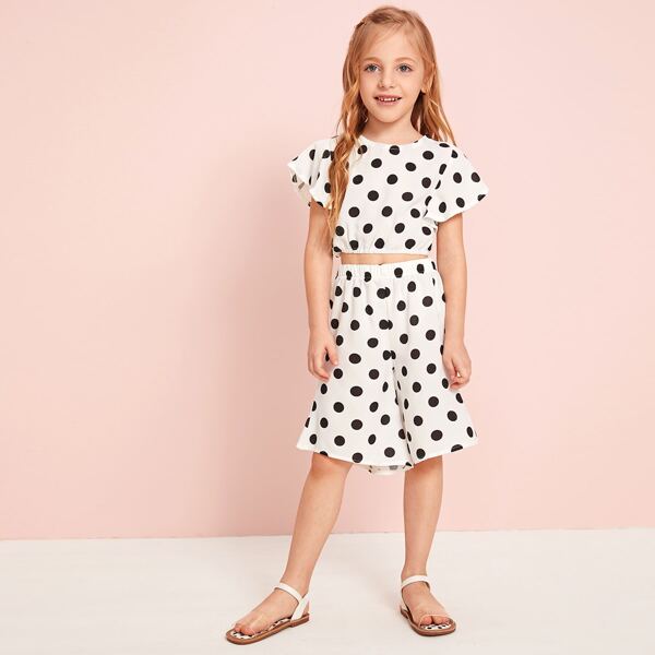 

Toddler Girls Polka Dot Print Button Back Top & Pants Set, White