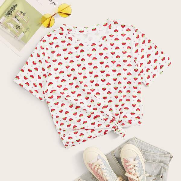 

Strawberry Print Crew Neck T-Shirt, Multicolor