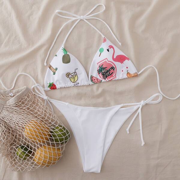 

Random Tropical Triangle Tie Side Bikini Swimsuit, White