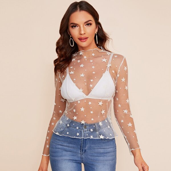 

Frill Sheer Star Mesh Top Without Bra, White