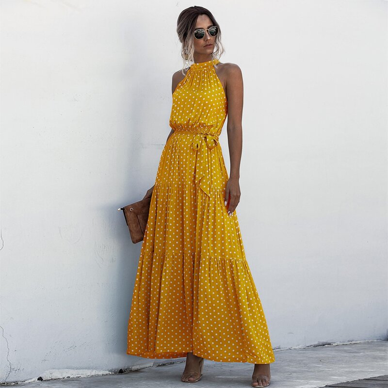 

Halter Self Tie Ruffle Hem Polka Dot Dress, Yellow