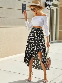 Breezaya Ruffle Hem All Over Print Asymmetrical Skirt