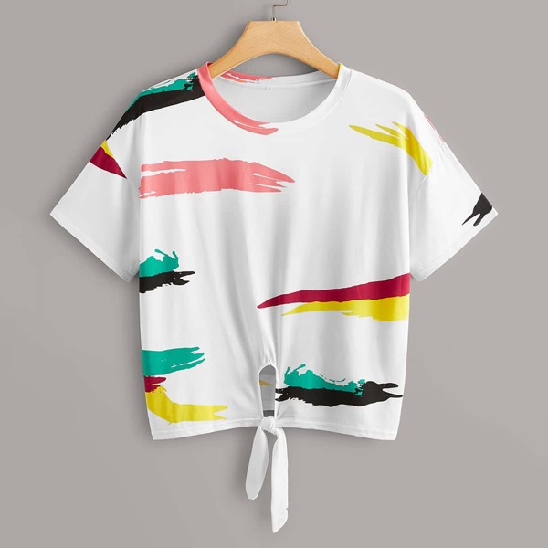 

Plus Brush Print Knot Hem Tee, White