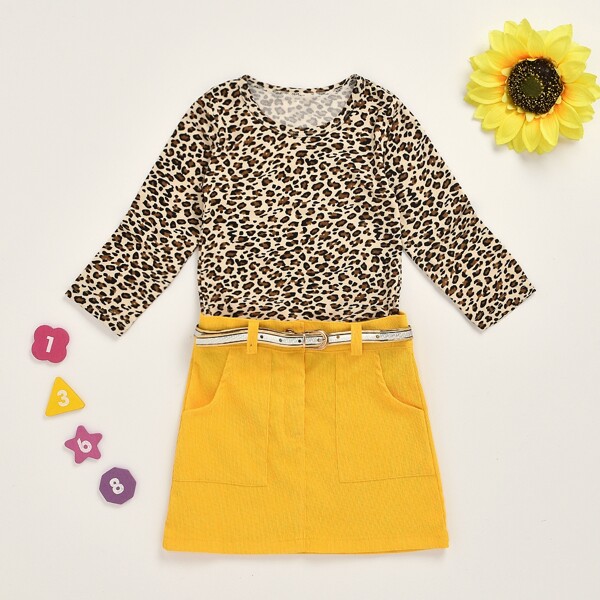 

Toddler Girls Leopard Print Tee With Belted Skirt, Multicolor