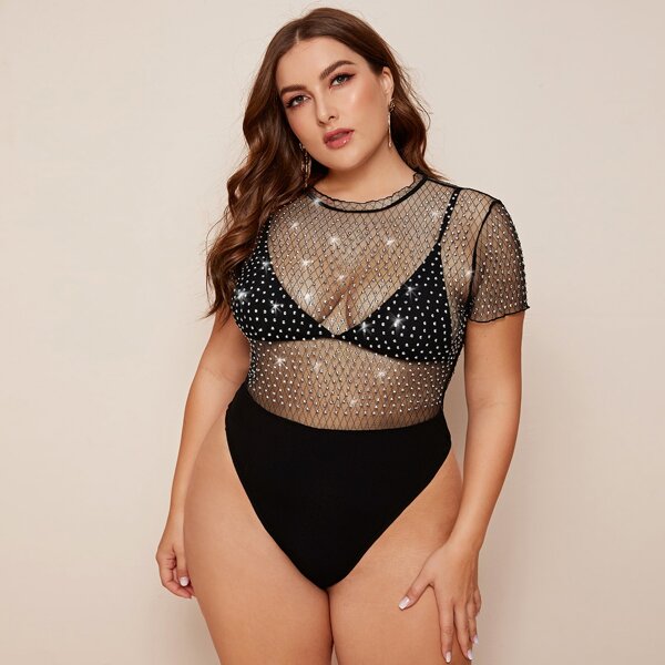 

Plus Frill Trim Rhinestone Mesh Bodysuit Without Bra, Black
