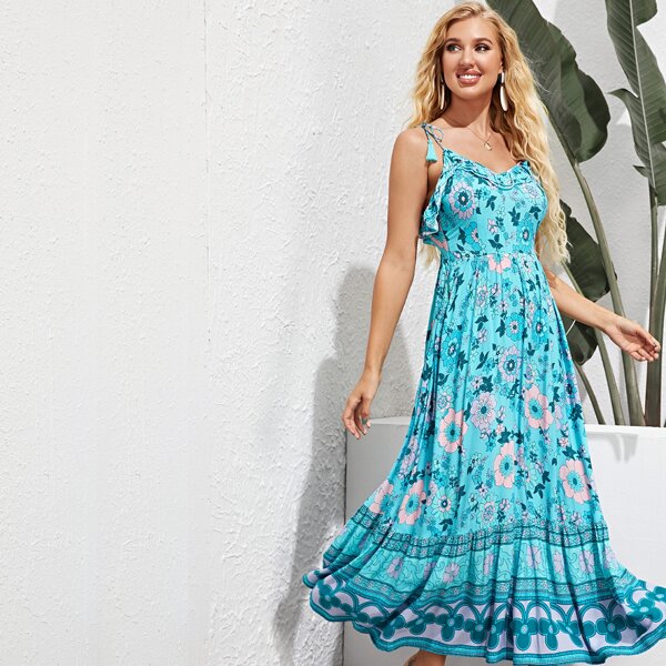 

Floral Print Ruffle Trim Tassel Knotted Cami Dress, Blue