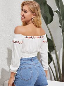 花卉刺繡前繫帶短版露肩上衣 - 白色 - 查看 2