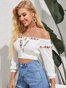 花卉刺繡前繫帶短版露肩上衣 - 白色 - 查看 5