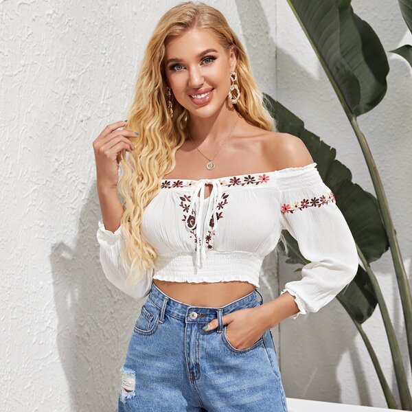 

Embroidered Floral Off-the-Shoulder Crop Top, White