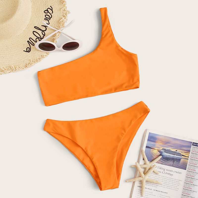

Solid One Shoulder Bikini Swimsuit, Orange