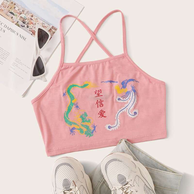 

Dragon & Phoenix Graphic Crisscross Cami Top, Pink