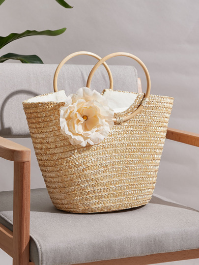 Floral Applique Decor Woven Tote Bag