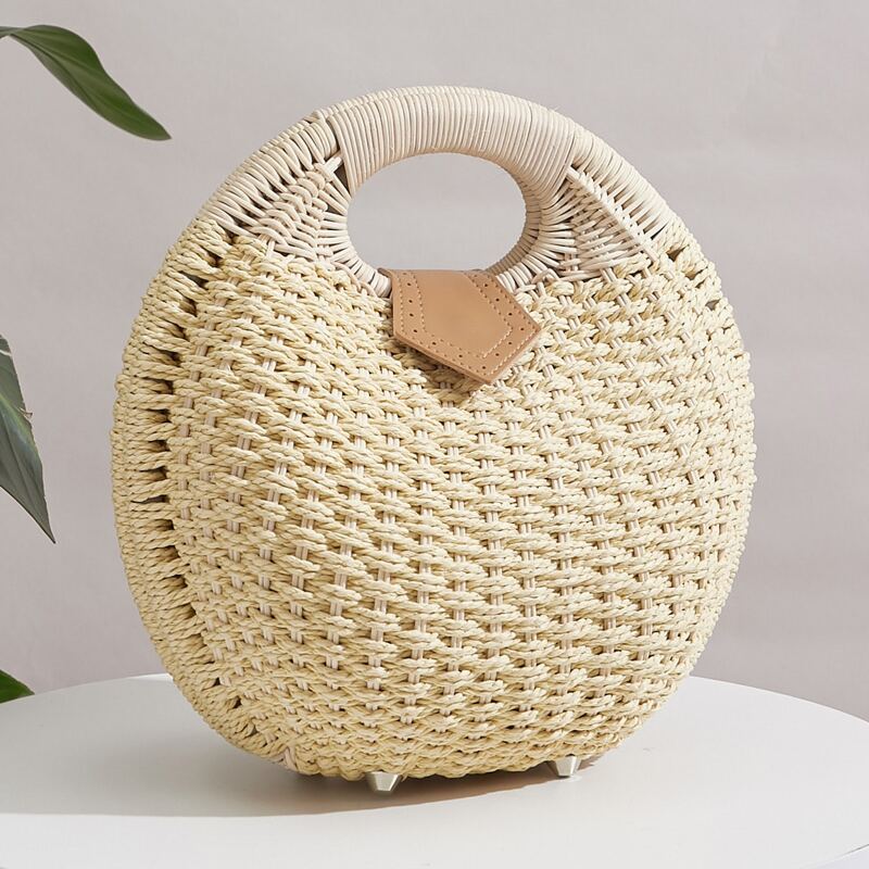 

Round Woven Satchel Bag, Khaki