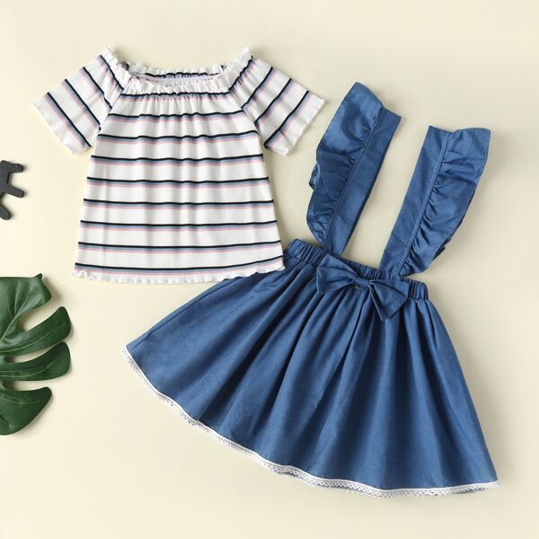 

Toddler Girls Striped Frill Trim Ribbed Tee & Ruffle Strap Skirt, Multicolor